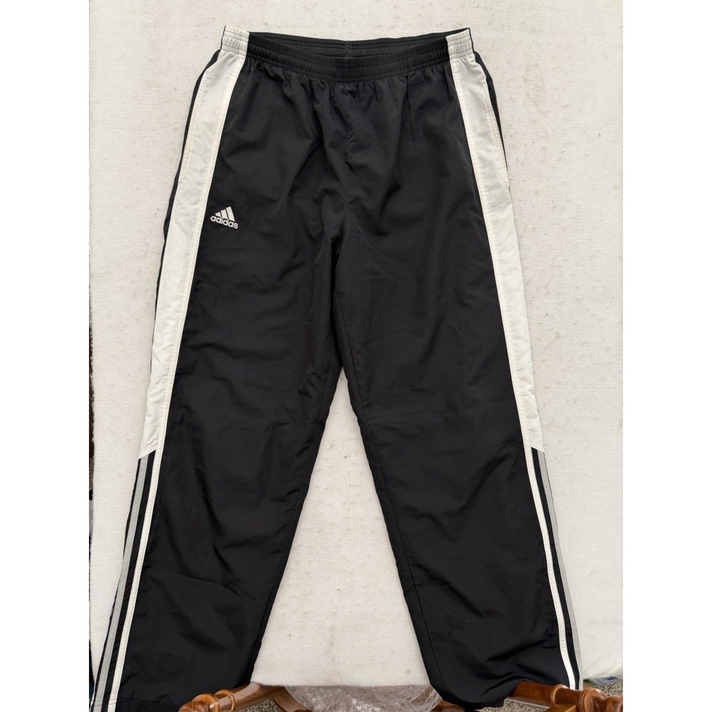 VTG Y2K Adidas Mens Black White Three Stripe Wind Track Pants Lined Baggy Medium